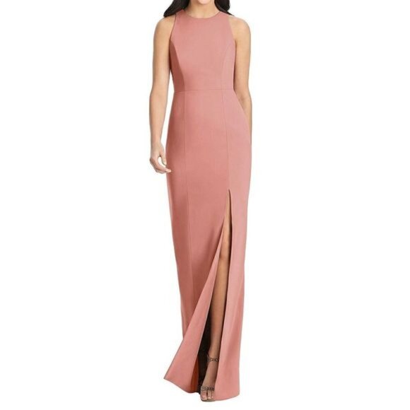 Dessy Collection Diamond Cutout Back Trumpet Gown Front Slit Desert Rose NWT - Picture 1 of 8